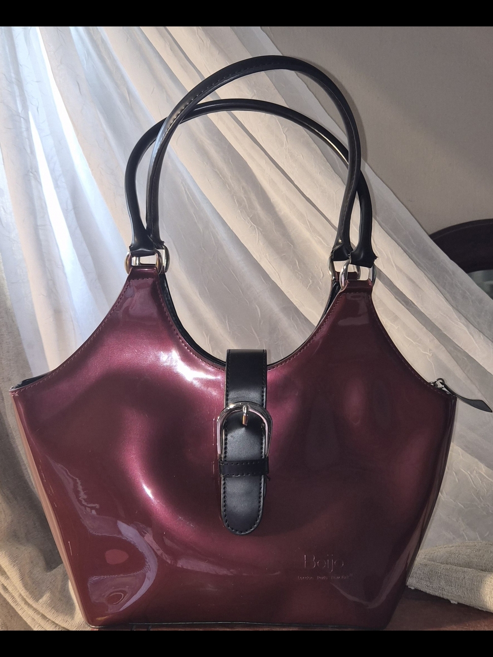 Vintage Beijo Burgundy Wine Patent Leather Shoulder Bag with Black Handles